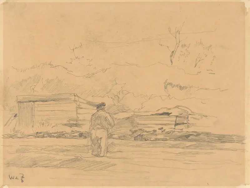 Landschap met man in het midden voor een schuurtje av Willem de Zwart