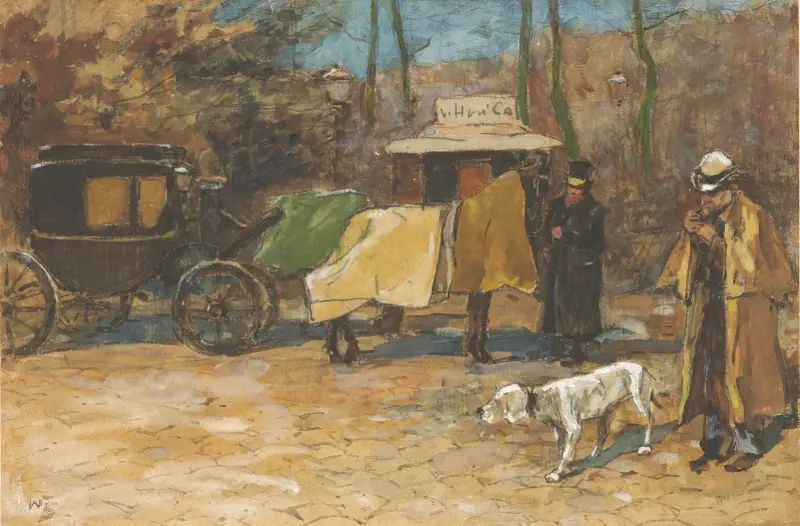 Väntande ekipage i en park av Willem de Zwart