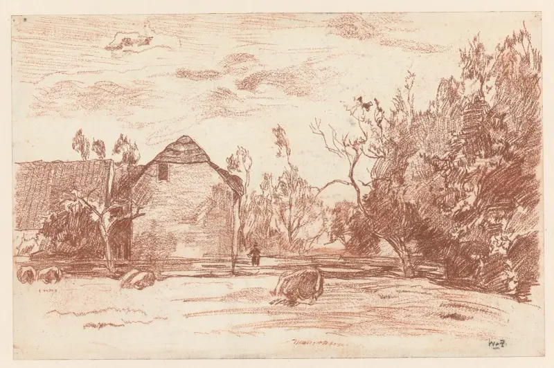 Weiland met grazend vee, links een boerderij av Willem de Zwart