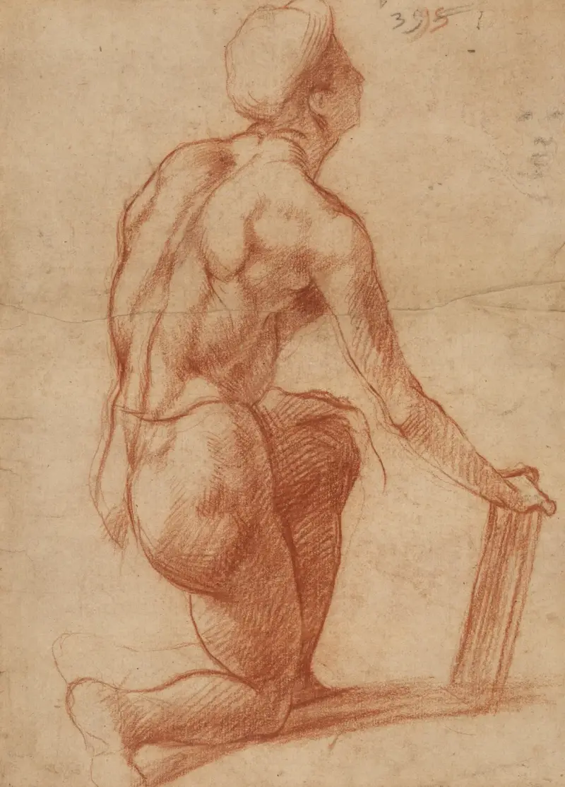 Studie einer knienden Figur mit Skizze eines Gesichts von Andrea del Sarto