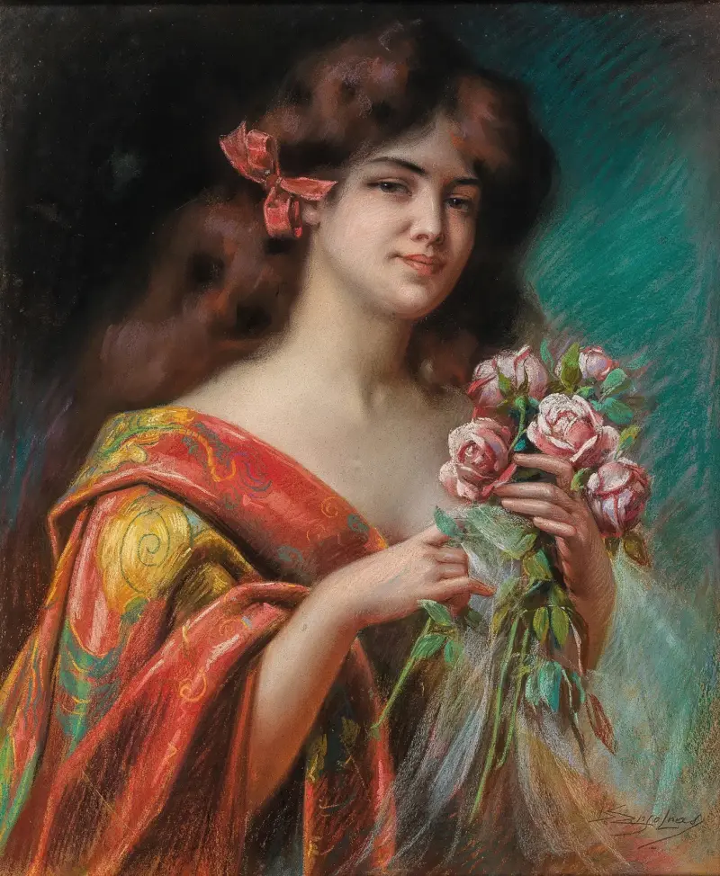 Portrait of a Lady in a Negligee, Holding Roses av Delphin Enjolras