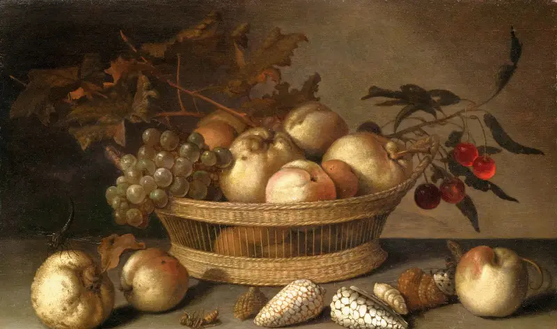 A Basket With Cherries, Apples, Peaches And A Bunch Of Grapes, Surrounded By Apples, Peaches, Shells, Bees And A Dragonfly – nr 1 av Balthasar van der Ast
