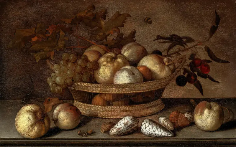 A basket with cherries, apples, peaches and a bunch of grapes, surrounded by apples, peaches, shells, bees and a dragonfly, 1647 av Balthasar van der Ast