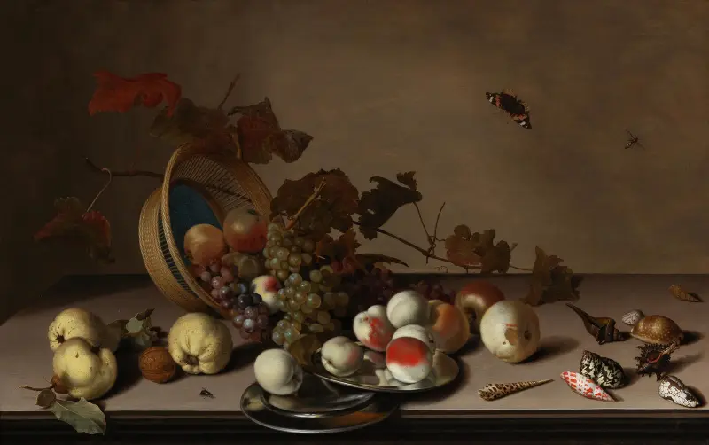 A fruit still life with a wicker basket, shells and a butterfly av Balthasar van der Ast