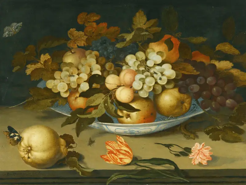 A Still Life With A Delft Bowl Containing Fruit, On A Ledge With Flowers, Insects And A Lizard av Balthasar van der Ast
