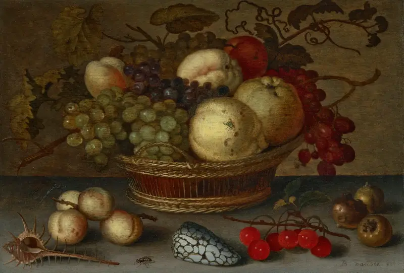 Äpplen och druvor i en korg, med frukt och snäckor på en stenavsats av Balthasar van der Ast