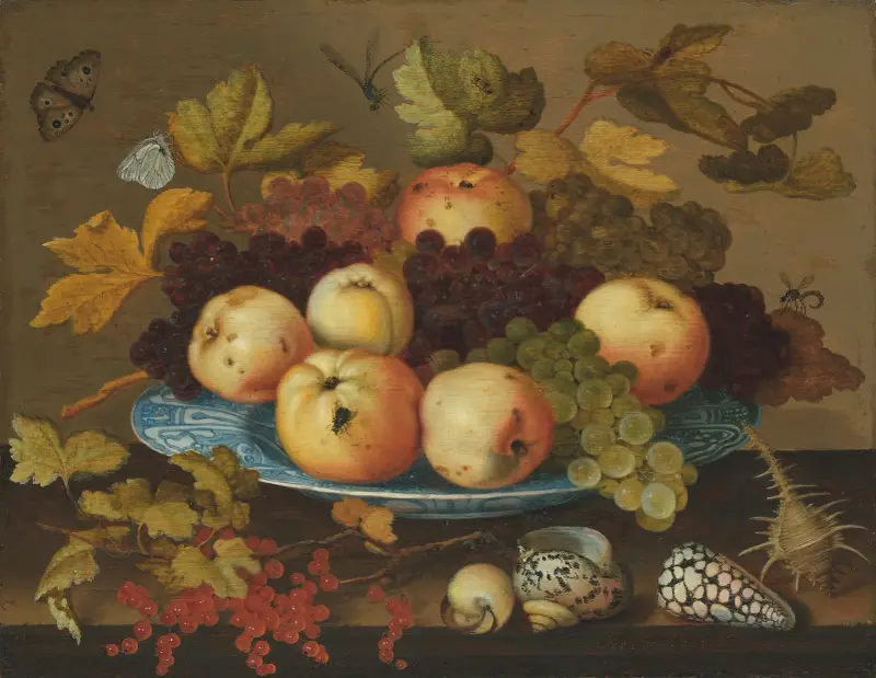 Fruit in a wan-li porcelain dish on a table av Balthasar van der Ast