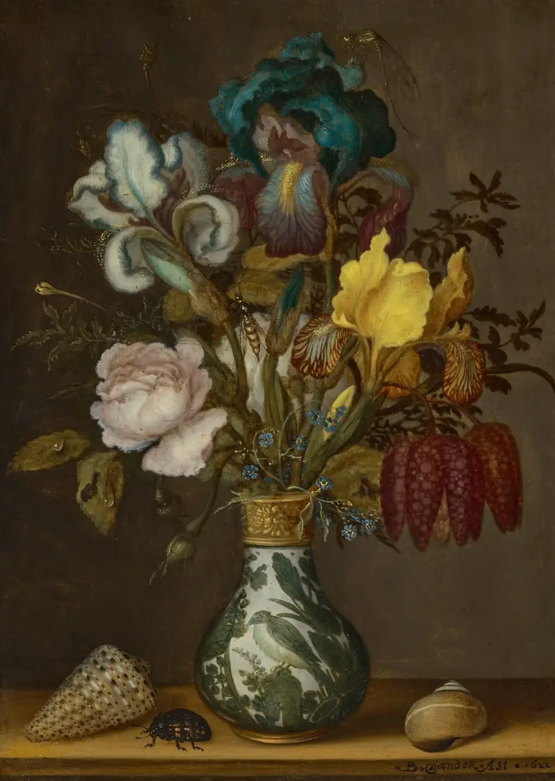 Irises, roses, fritillaries and forget-me-nots in a Wanli vase with two shells and a beetle on a ledge av Balthasar van der Ast