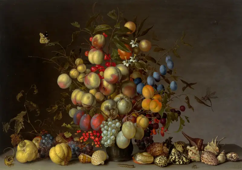 Peaches, plums, oranges, apples, cherries, grapes, redcurrants, blackcurrants, crab apples and other fruit in a pewter vase av Balthasar van der Ast