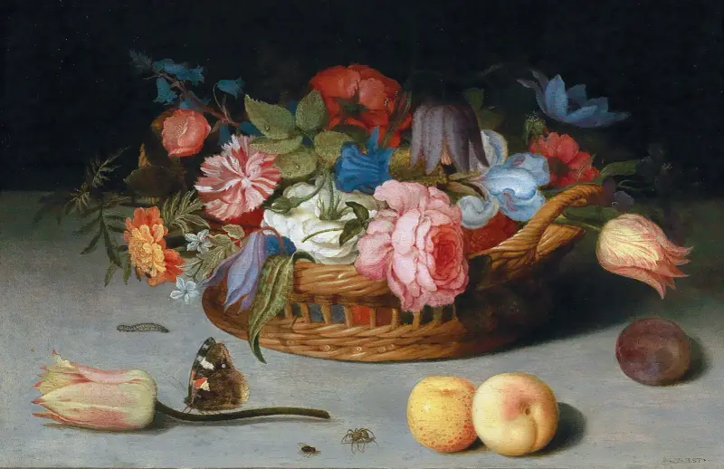 Roses, Tulips, Irises And Other Flowers In A Wicker Basket, With Fruit And Insects On A Ledge av Balthasar van der Ast