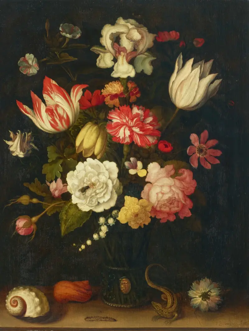 Tulips, carnations, roses and other flowers in a roemer with shells and a lizard on a ledge av Balthasar van der Ast