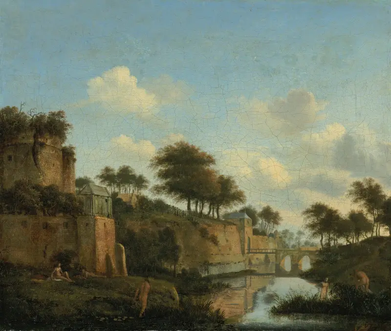 A fortified town with figures bathing av Jan van der Heyden