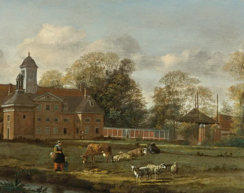 Utsikt över Goudestein med en kvinna och ett barn som går längs en damm av Jan van der Heyden