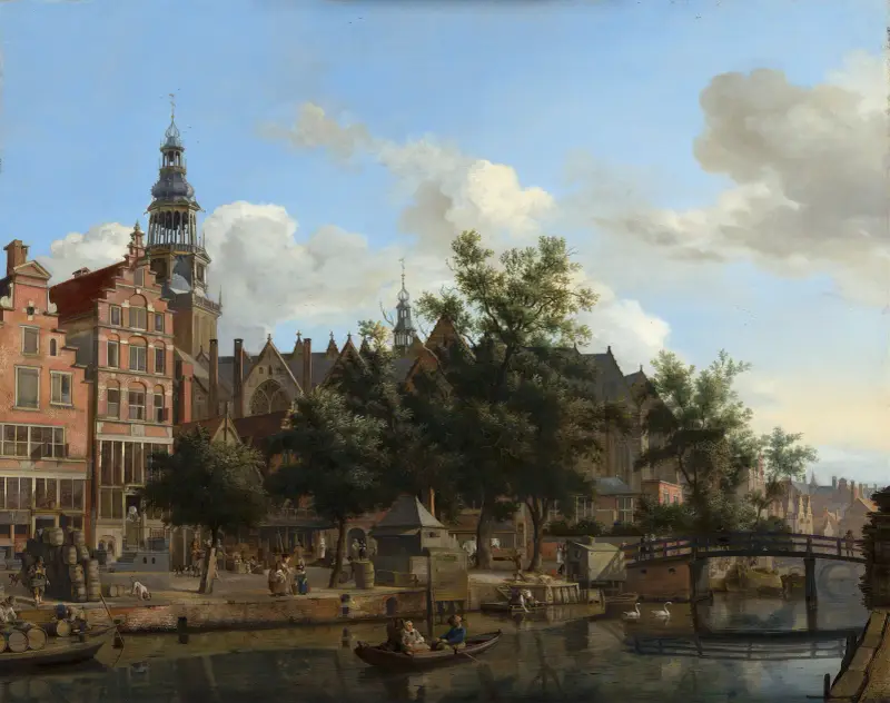 View of Oudezijds Voorburgwal with the Oude Kerk in Amsterdam av Jan van der Heyden