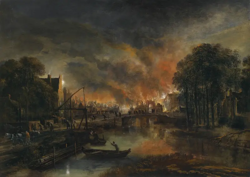 Månskenslandskap med brinnande by av Aert van der Neer