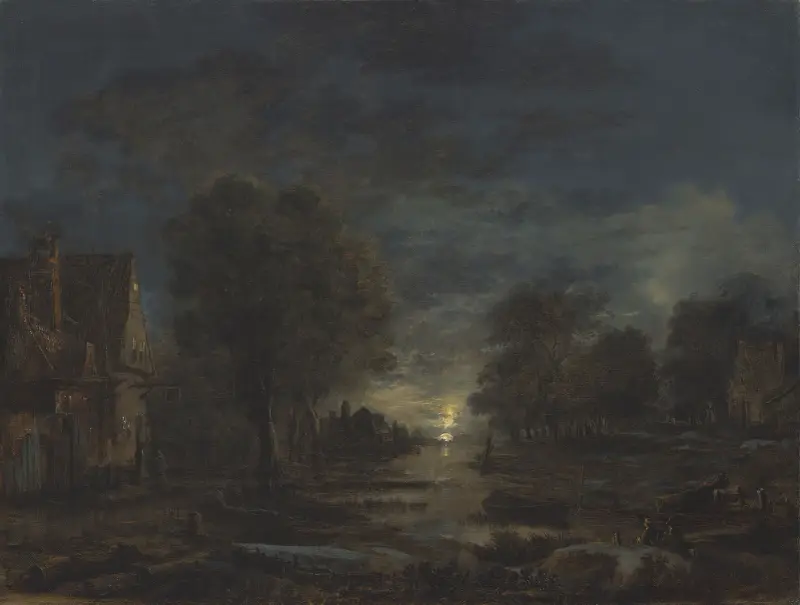 Månskenslandskap med värdshus vid en flod av Aert van der Neer