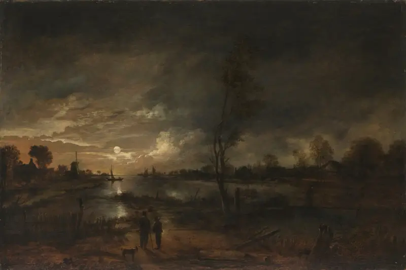 Månskenslandskap med figurer på flodstranden och en stad i fjärran av Aert van der Neer