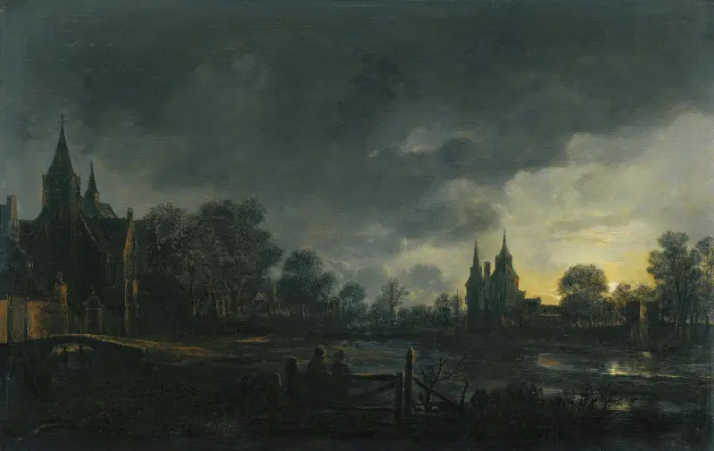Månskenslandskap med flod och figurer vid en grind, by i bakgrunden av Aert van der Neer