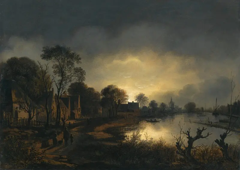 A River Landscape At Dusk With And Figures Walking Along A Path Towards A Village To The Left, A Church In The Distance av Aert van der Neer
