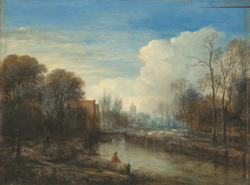 A river landscape, with an angler and sheep on the banks av Aert van der Neer