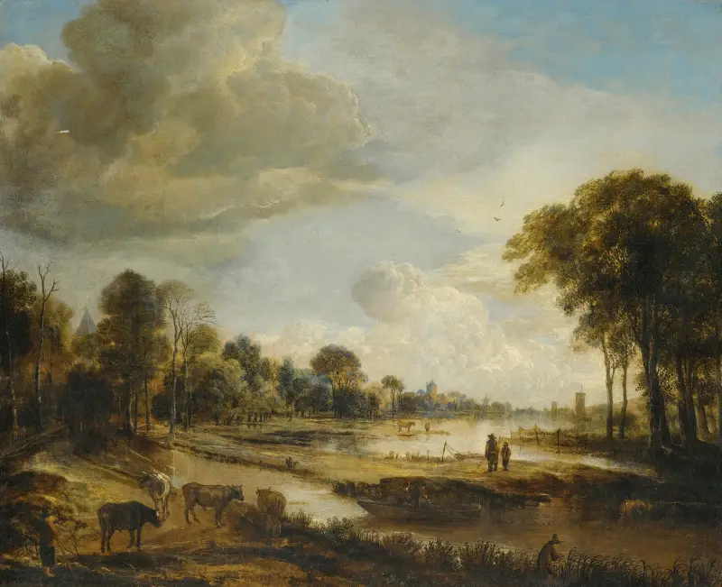 A River Landscape With Figures And Cattle av Aert van der Neer