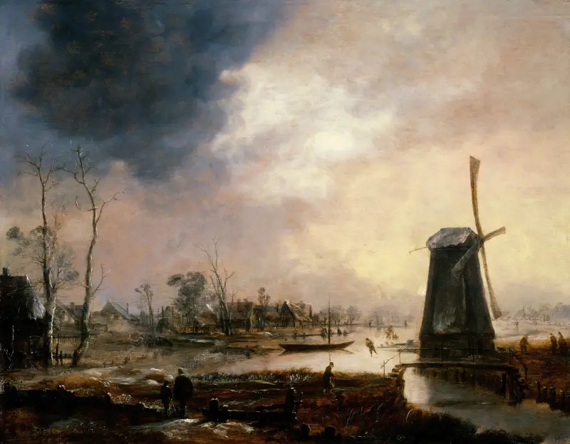 Vinterlandskap med väderkvarn av Aert van der Neer