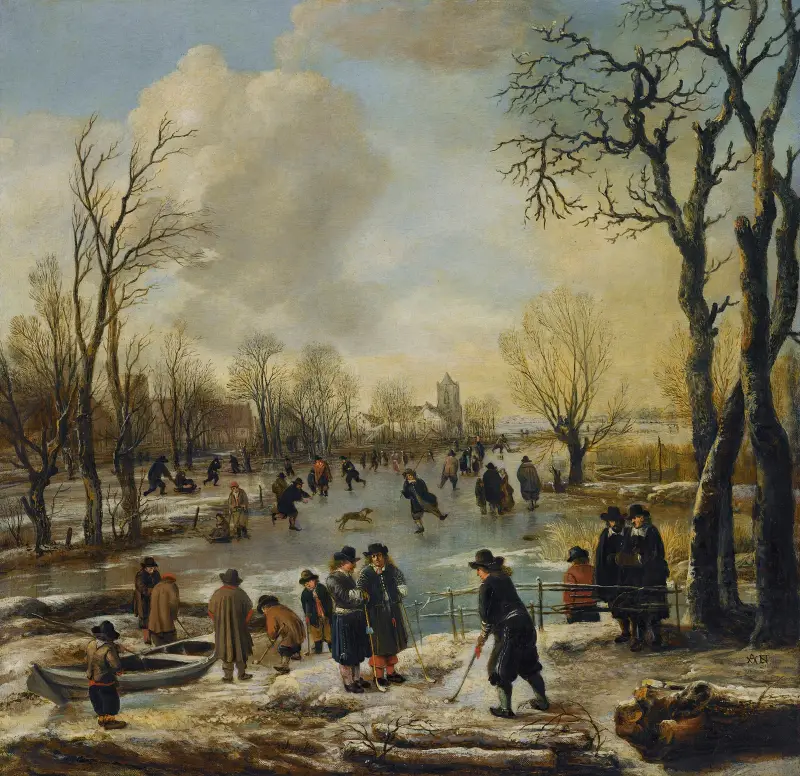 Vinterlandskap med bybor som åker skridskor och spelar kolf på en frusen kanal, en by bortom av Aert van der Neer