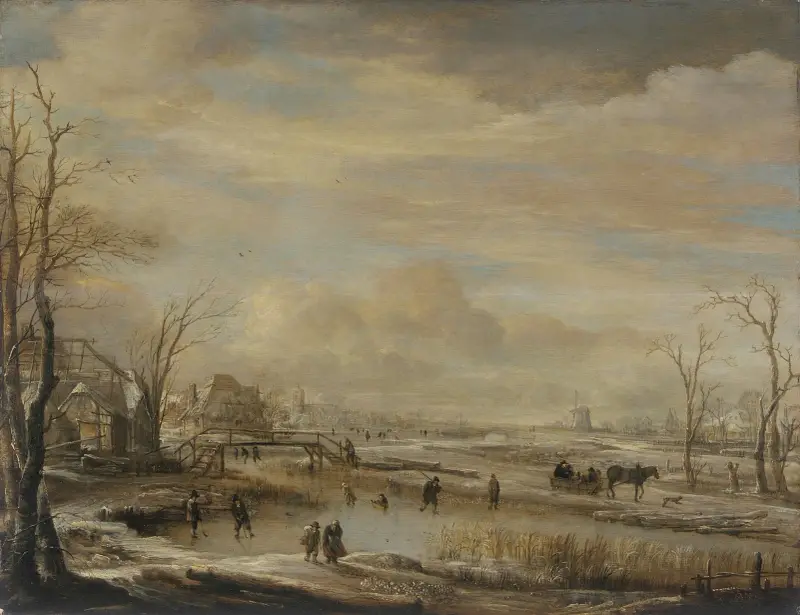 Frusen flod med gångbro av Aert van der Neer