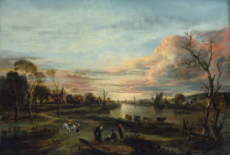 Landskap vid solnedgång av Aert van der Neer