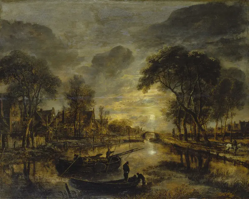 Nocturnal Canal Landscape with Fishing Boats av Aert van der Neer
