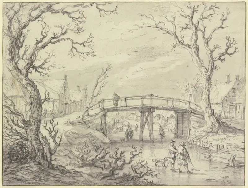 Über einen zugefrorenen Kanal bei einem Dorf eine Holzbrücke, vorne zwei Männer mit einem Hund von Aert van der Neer