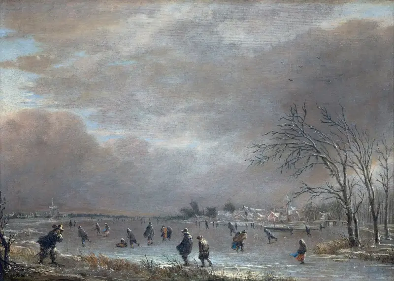 Winter Landscape with Skaters on a Frozen River av Aert van der Neer