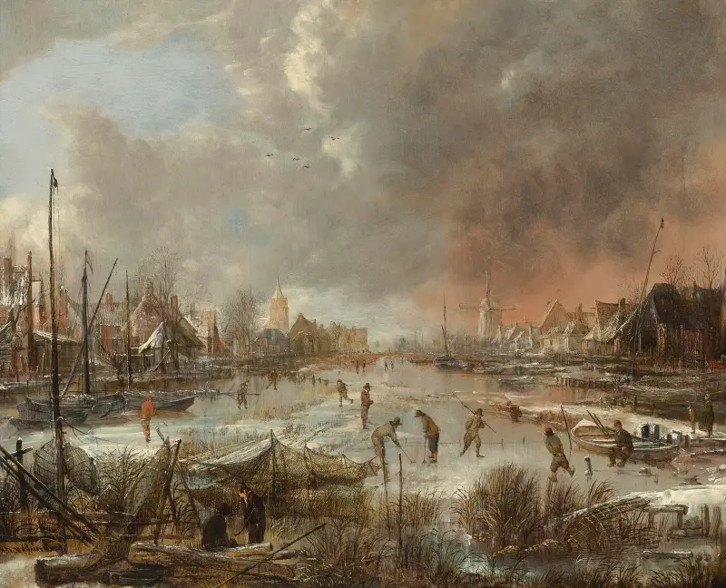 Winter landscape with sportsmen on a frozen river av Aert van der Neer
