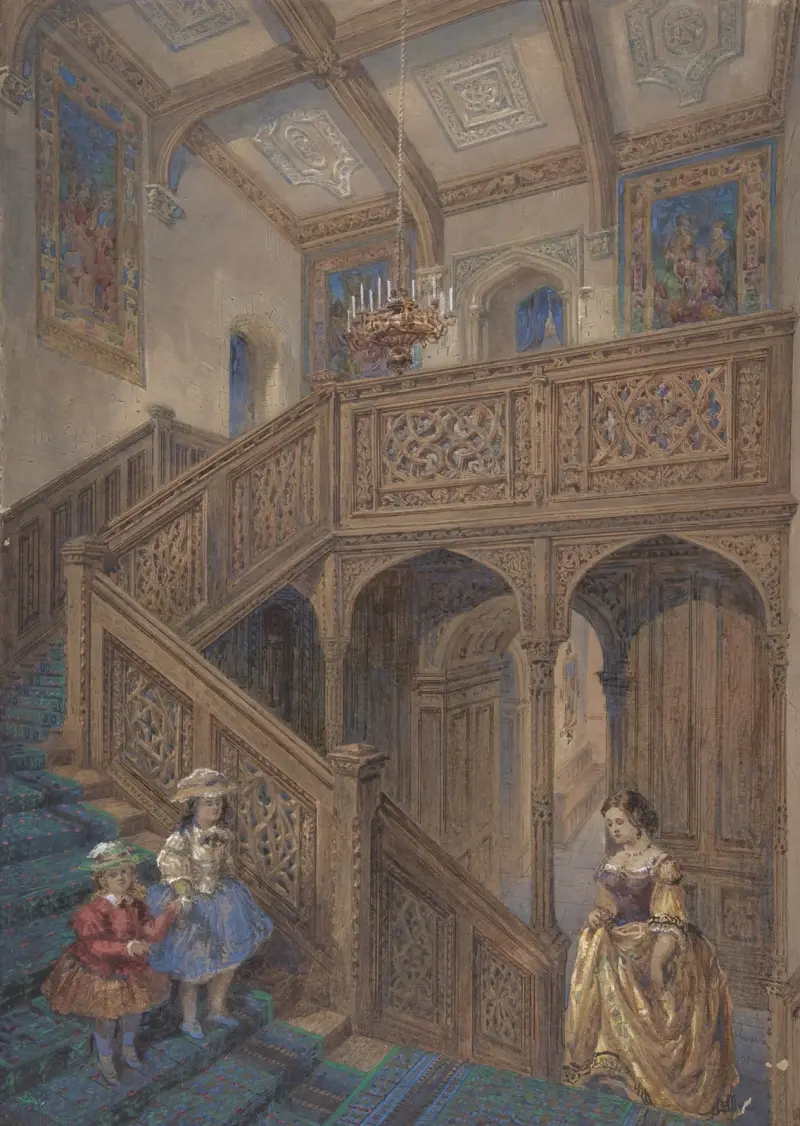 Entwurf für eine Treppe im jakobinischen Stil (recto); Architekturelement-Entwurf von Matthew Digby Wyatt
