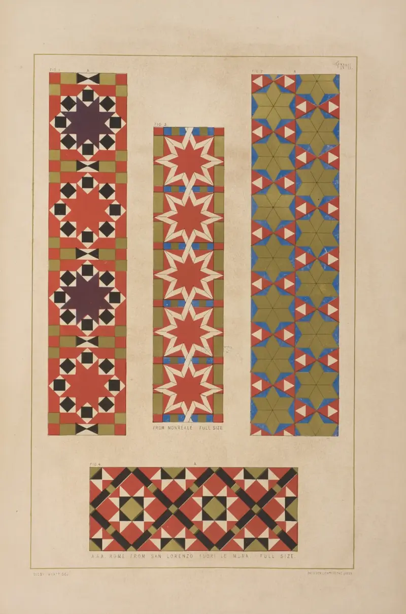 Fig. 1 A, 2 A & 4 A Rom, från San Lorenzo fuori le Mura. Full storlek.; Fig. 3. Från Monreale av Matthew Digby Wyatt