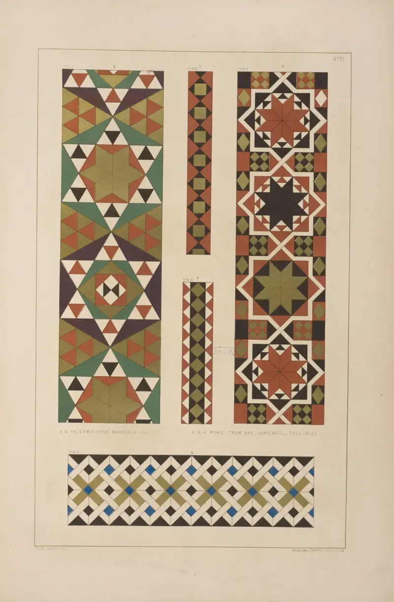 Abb. 1. B & 5. B Palermo aus Monreale in Originalgröße; Abb. 2. A, 3. A & 4. A Rom aus San Lorenzo von Matthew Digby Wyatt