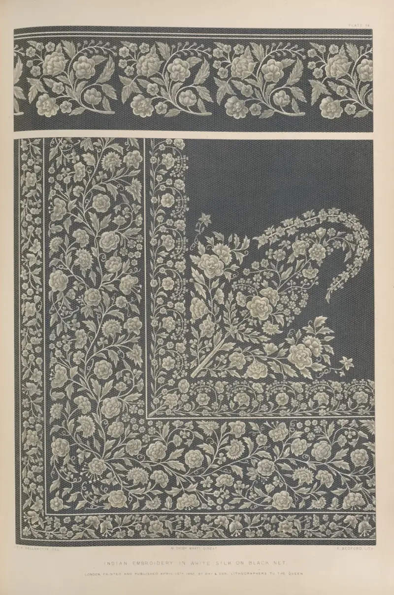 Indian embroidery in white silk on black net. av Matthew Digby Wyatt