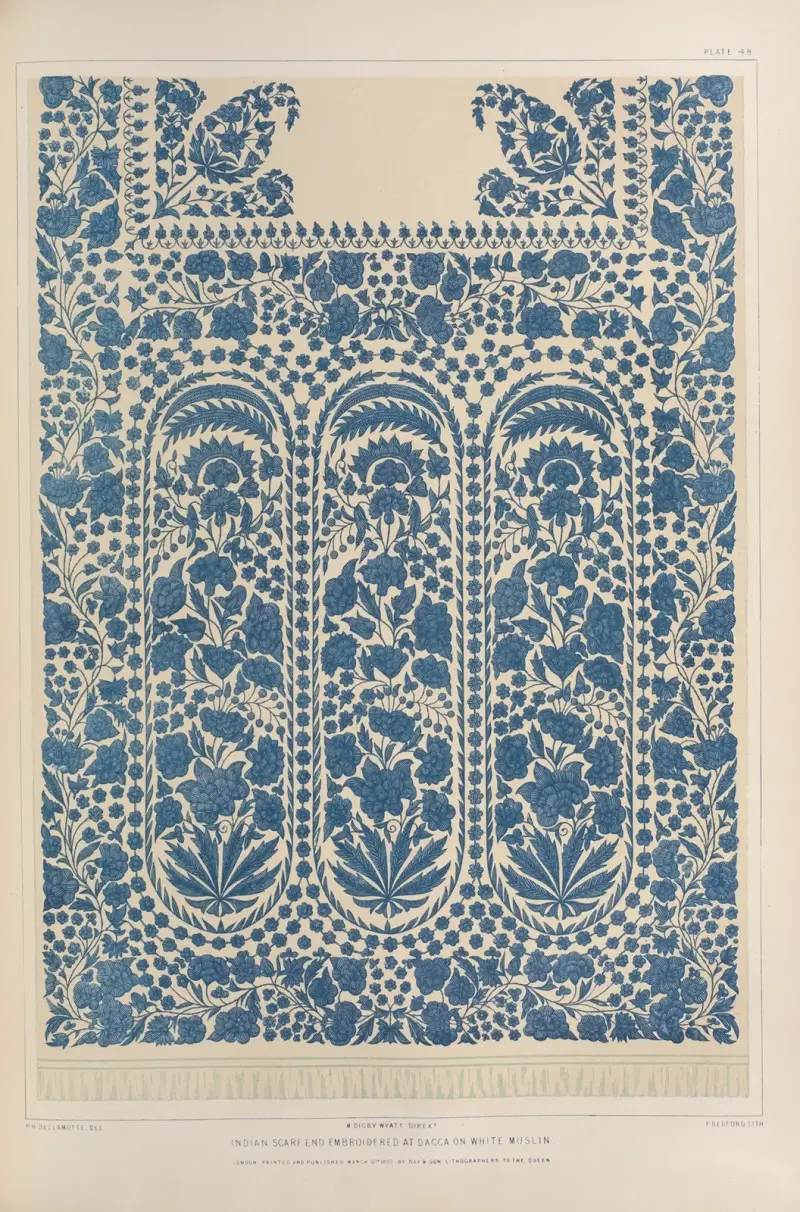 Indian scarf end embroidered at Dacca on white muslin av Matthew Digby Wyatt
