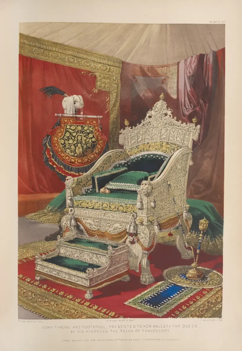 Ivory throne and footstool, presented to her majesty the queen, by his highness the rajah of Travencore av Matthew Digby Wyatt