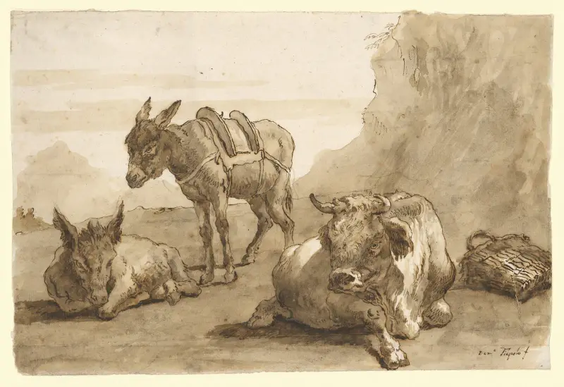En liggande tjur och två åsnor i ett landskap av Giovanni Domenico Tiepolo