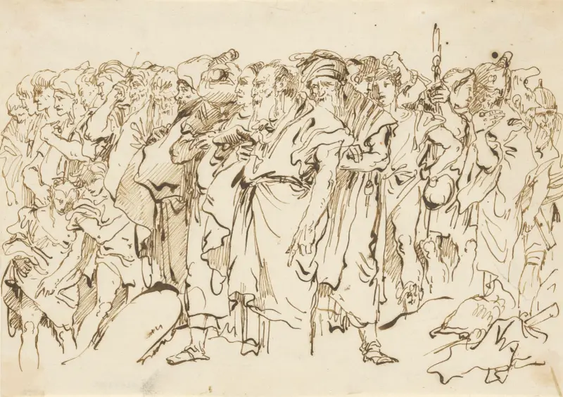 En skara forntida krigare, orientaler och två pojkar samlade till offer av Giovanni Domenico Tiepolo
