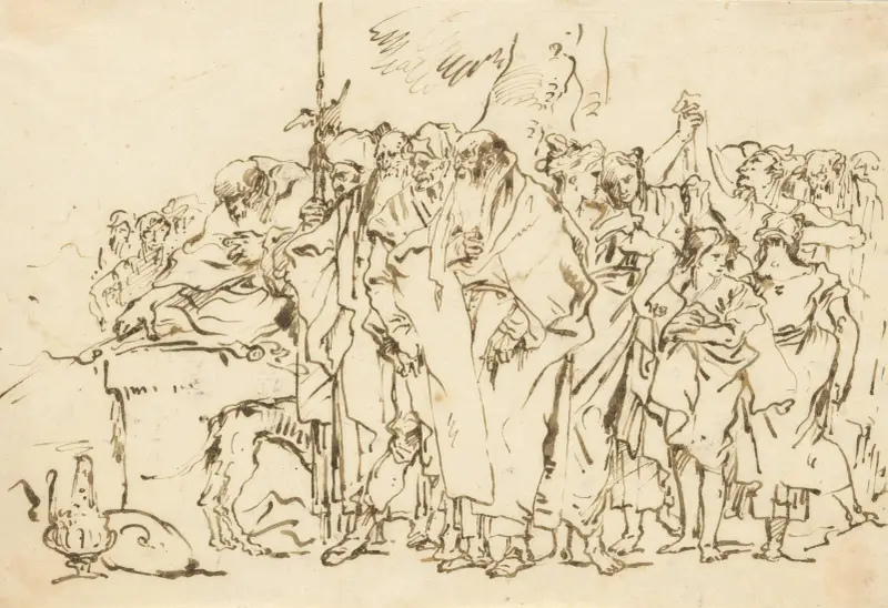 Tłum osób w starożytnym rzymskim lub orientalnym stroju zgromadzony przy pogańskim ołtarzu, Giovanni Domenico Tiepolo
