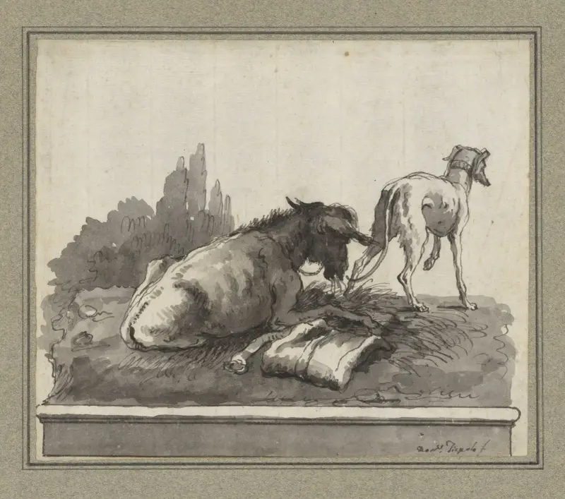 En åsna liggande i gräset, med en italiensk vinthund (på en bas) av Giovanni Domenico Tiepolo