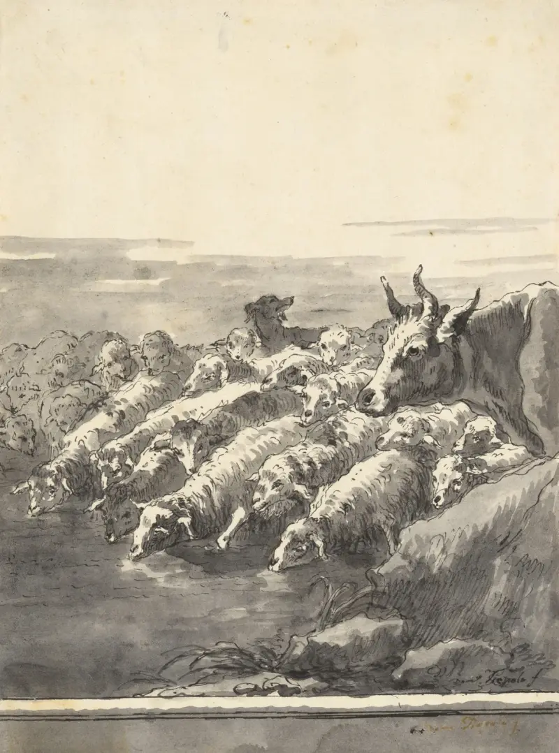 Eine Herde Schafe, die an einem Teich trinkt, mit einem Ochsen und einem Hund von Giovanni Domenico Tiepolo