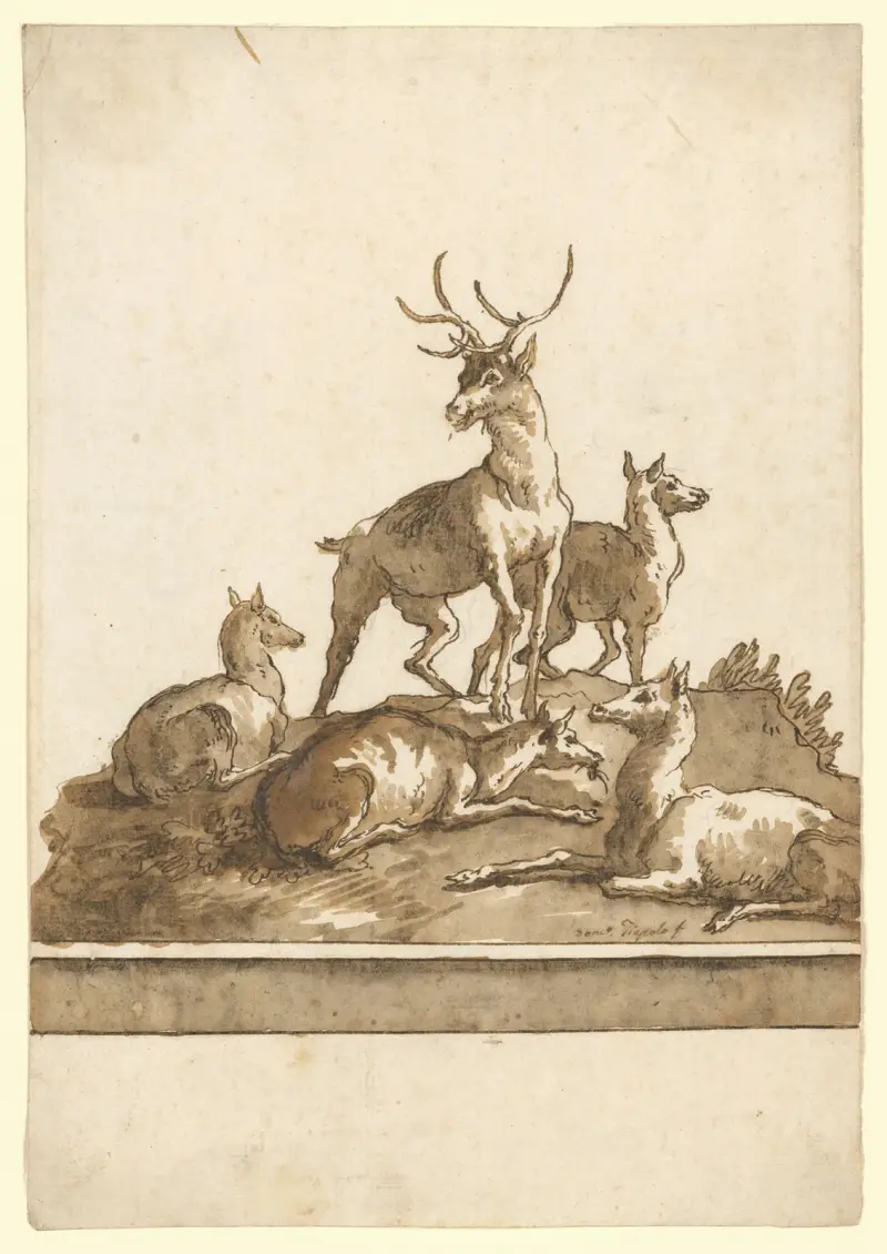 En hjort och fyra hindar på en gräsbevuxen kulle (med bas) av Giovanni Domenico Tiepolo