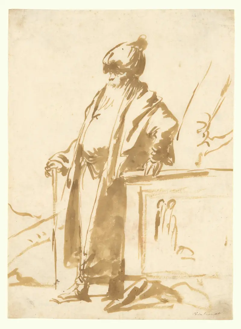 En gammal man i orientisk dräkt, stående vid ett hedniskt altare av Giovanni Domenico Tiepolo