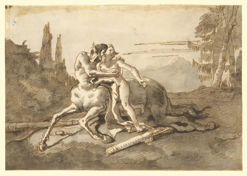Kentaur som omfamnar en nymf i ett vilt landskap av Giovanni Domenico Tiepolo