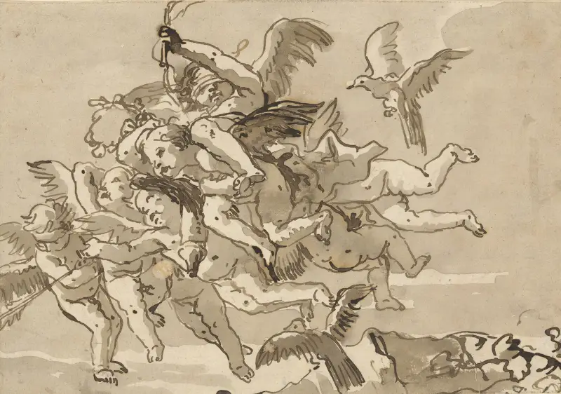 Cupid Blindfolded, Carried Through the Sky by Seven Winged Putti av Giovanni Domenico Tiepolo