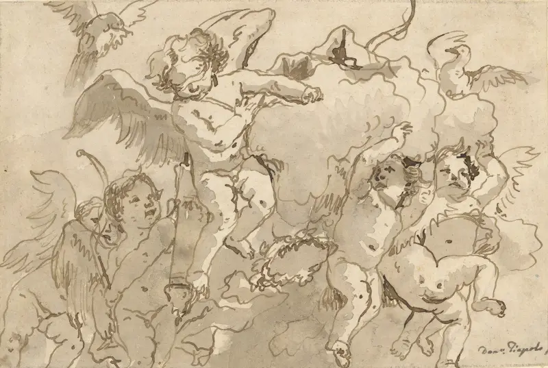 Amor med ögonbindel i molnen, med fem följeslagande putti av Giovanni Domenico Tiepolo