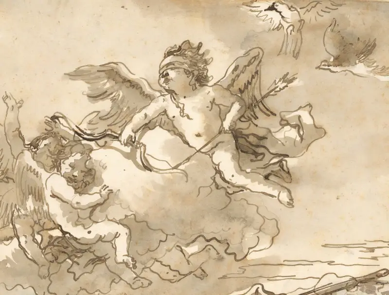 Amor med förbundna ögon, på ett moln buret av två putti av Giovanni Domenico Tiepolo